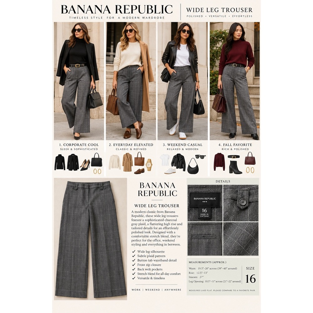 Banana Republic Women 16 Gray Plaid Wide Leg Trouser Pants Stretch Career